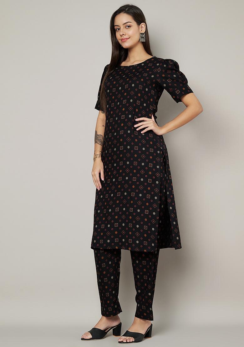 Black Abstract Print Rayon Kurta Set