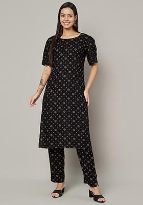 Black Abstract Print Rayon Kurta Set