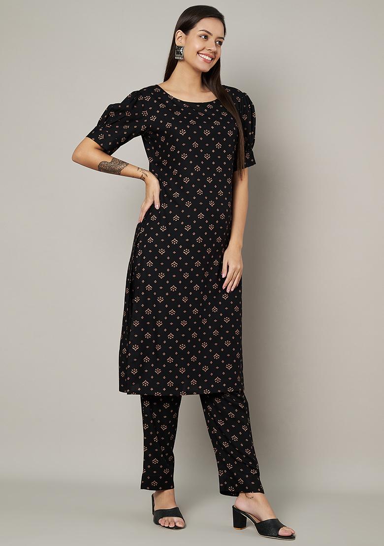 Black Abstract Print Rayon Kurta Set