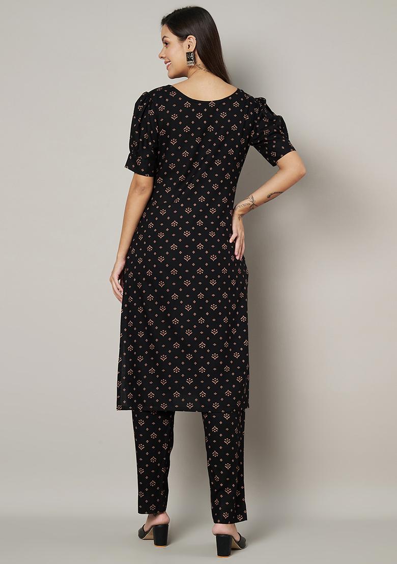 Black Abstract Print Rayon Kurta Set