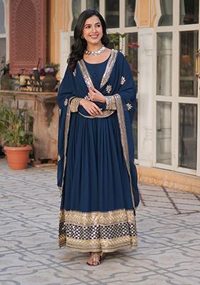 Blue Sequins Embroidered Georgette Anarkali Kurta Set