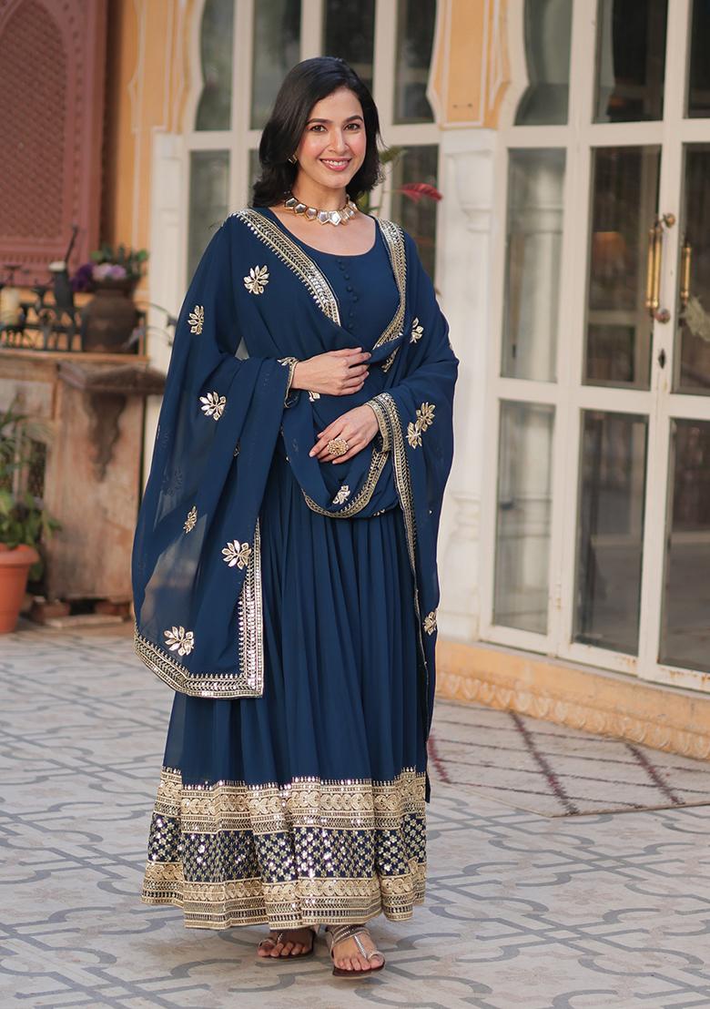 Blue Sequins Embroidered Georgette Anarkali Kurta Set