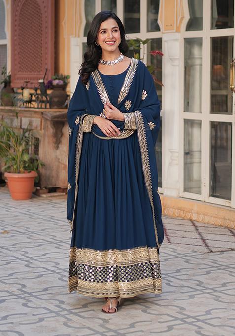Blue Sequins Embroidered Georgette Anarkali Kurta Set