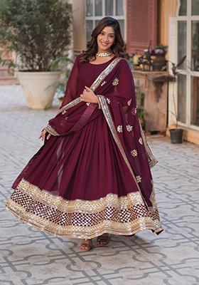 Wine Sequins Embroidered Georgette Anarkali Kurta Set