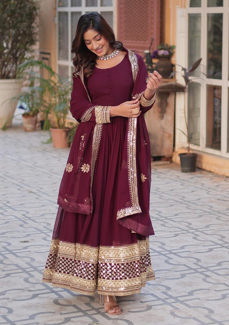 Wine Sequins Embroidered Georgette Anarkali Kurta Set