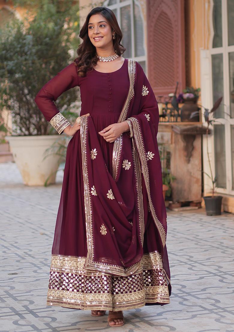 Wine Sequins Embroidered Georgette Anarkali Kurta Set