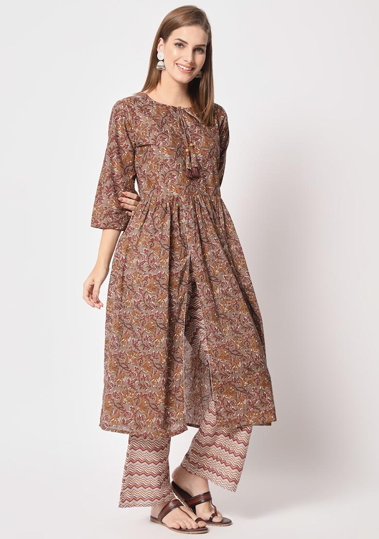 Brown Abstract Print Cotton Kurta Set