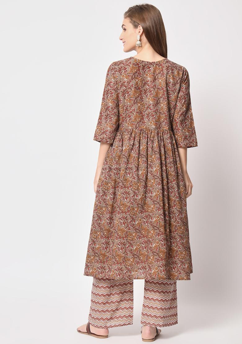 Brown Abstract Print Cotton Kurta Set