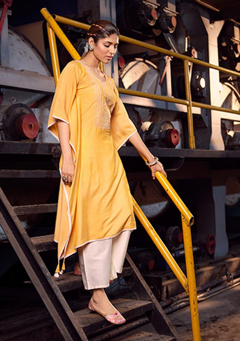 Yellow Abstract Print Cotton Kurta Set