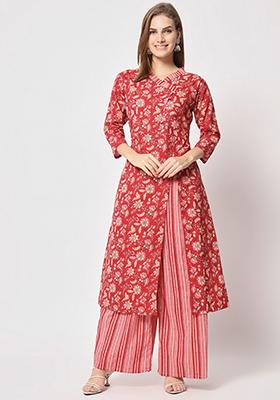 Red Abstract Print Cotton Kurta Set