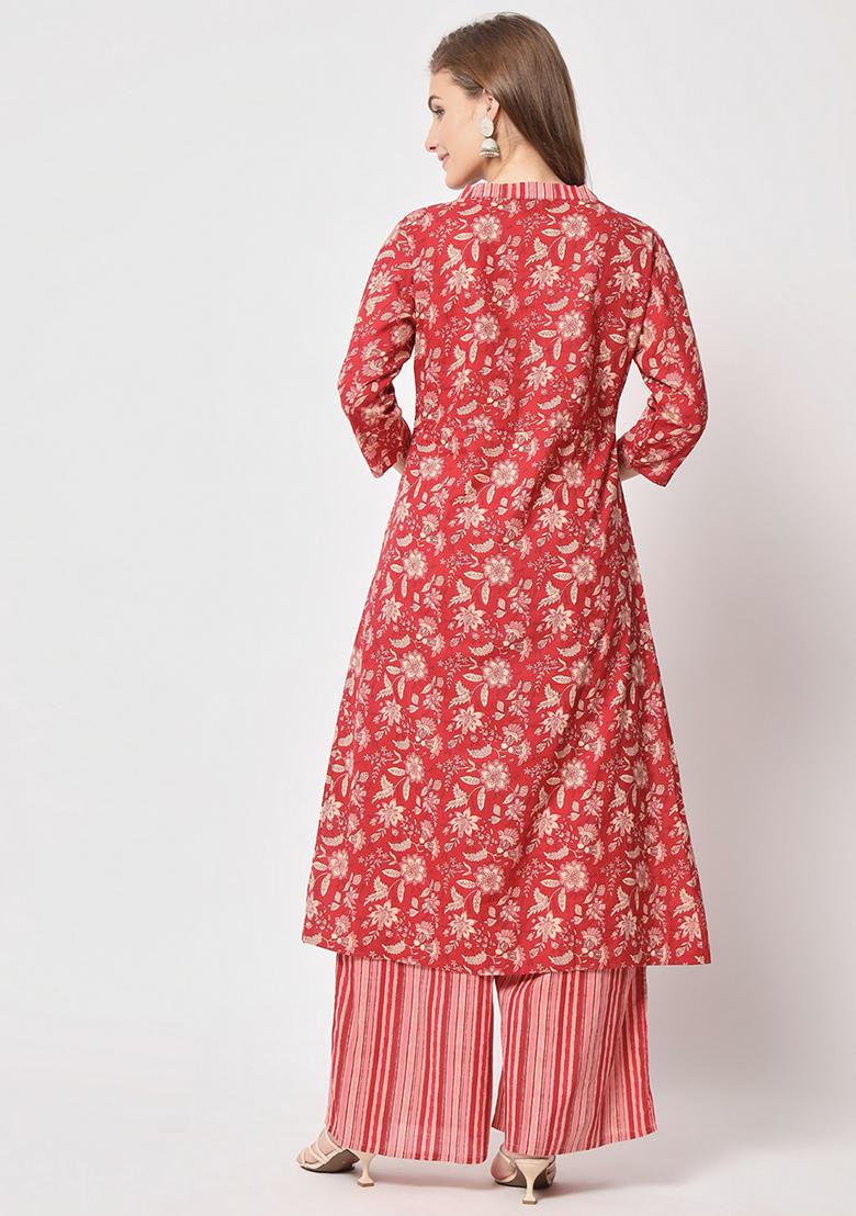 Red Abstract Print Cotton Kurta Set