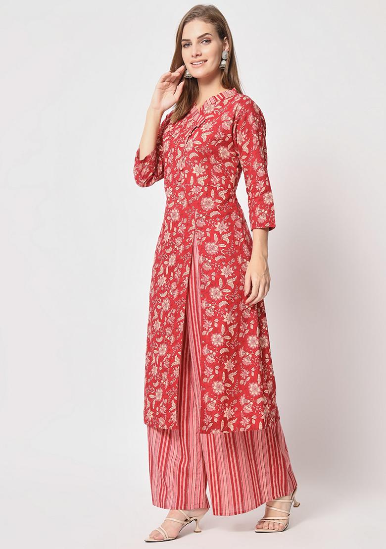 Red Abstract Print Cotton Kurta Set