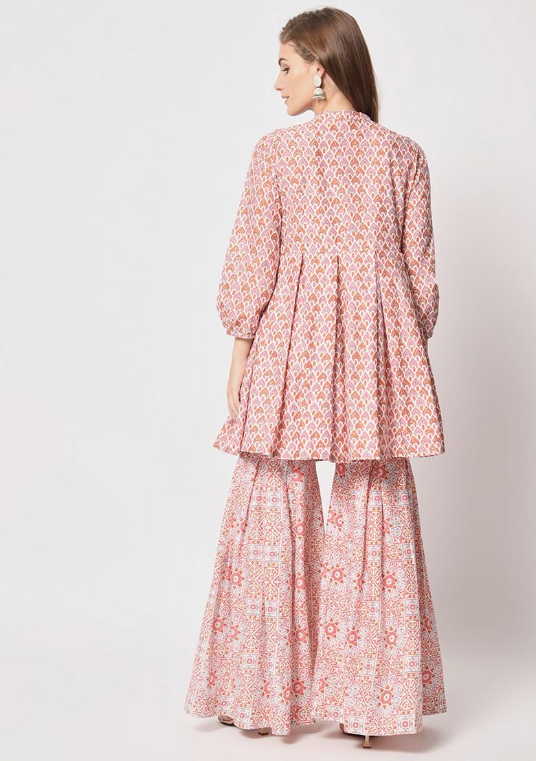 Peach Abstract Print Cotton Kurta Set