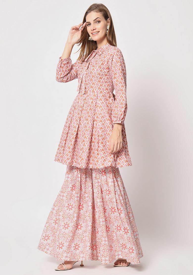 Peach Abstract Print Cotton Kurta Set