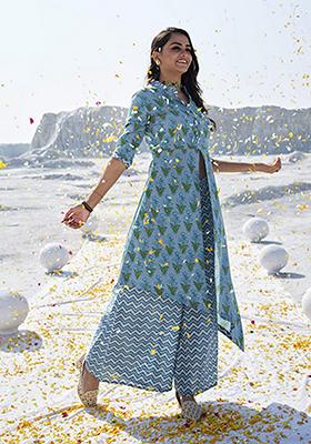 Blue Abstract Print Cotton Kurta Set