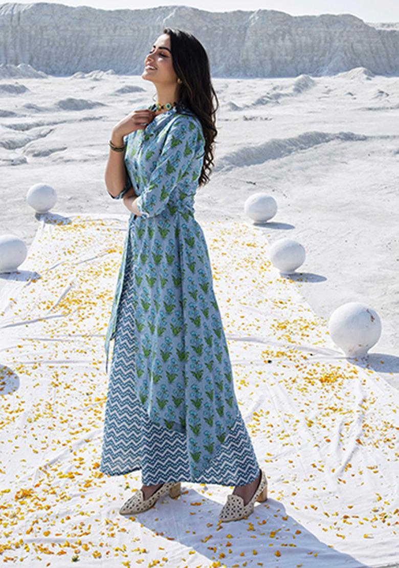 Blue Abstract Print Cotton Kurta Set