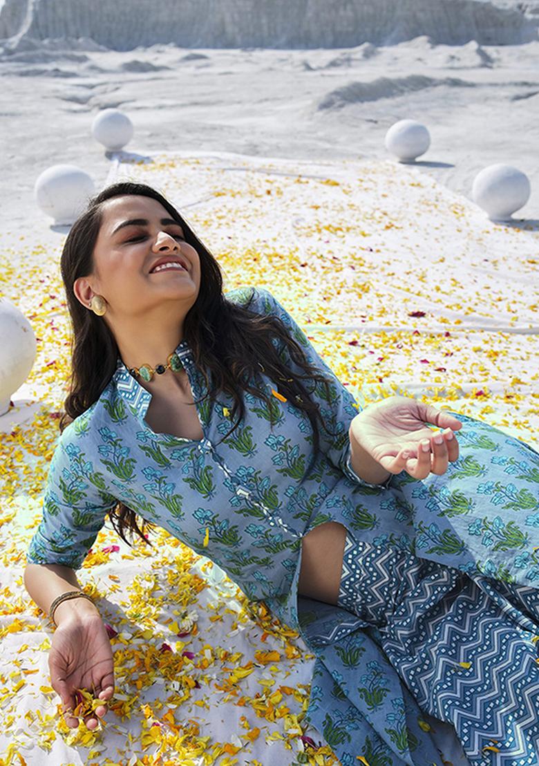 Blue Abstract Print Cotton Kurta Set