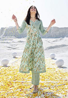 Sea Green Abstract Print Cotton Kurta Set