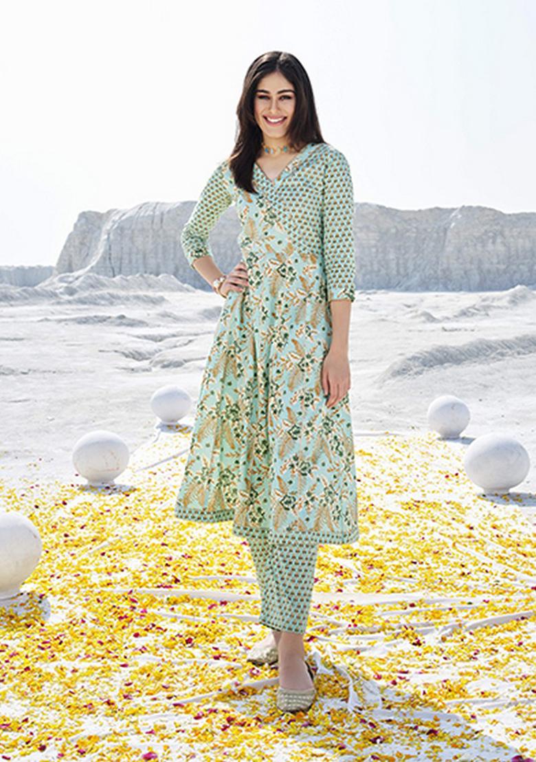 Sea Green Abstract Print Cotton Kurta Set