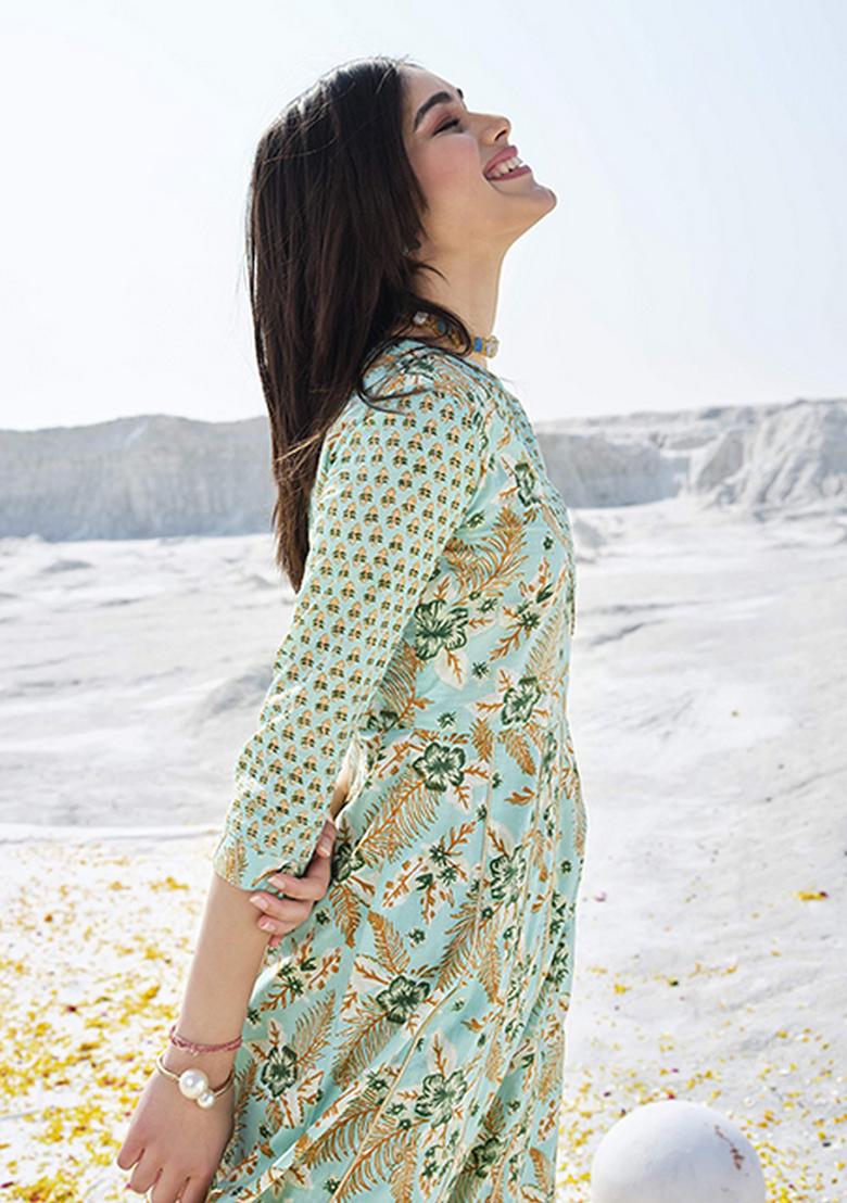 Sea Green Abstract Print Cotton Kurta Set
