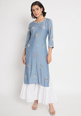 Blue Embroidered Viscose Kurta Set