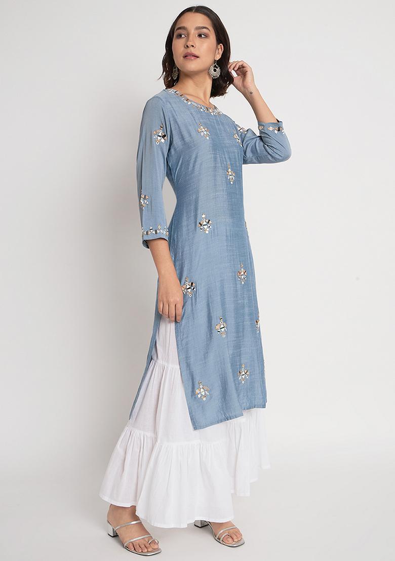 Blue Embroidered Viscose Kurta Set