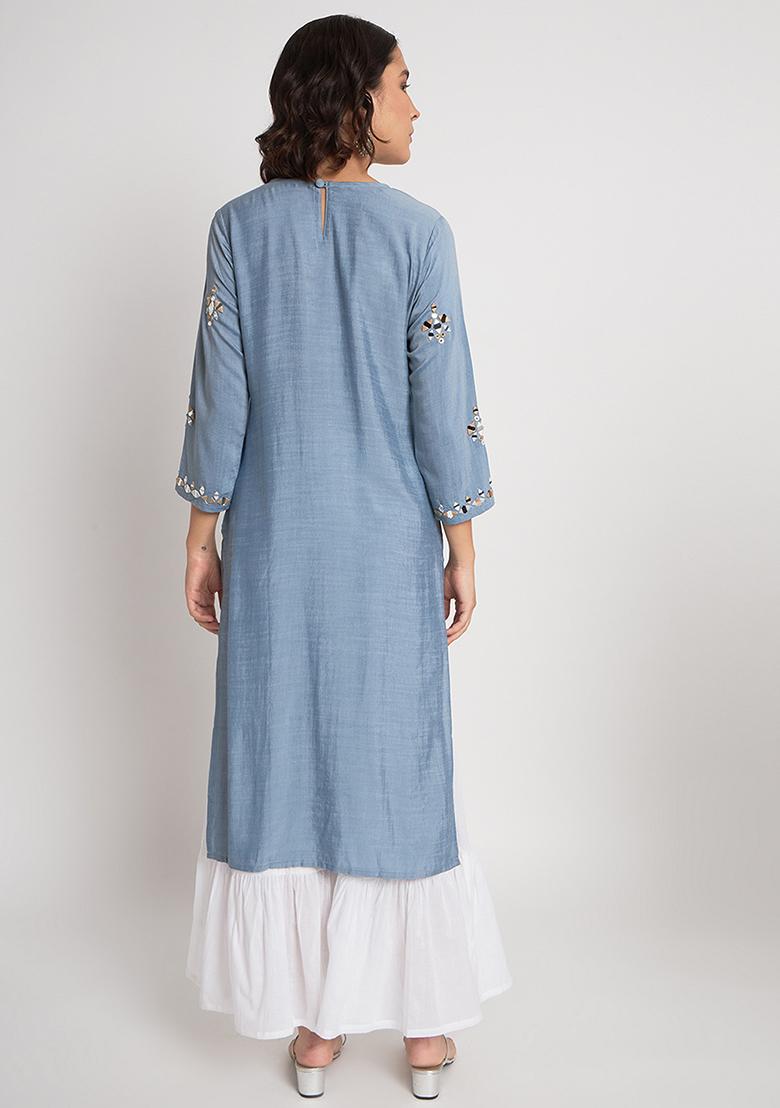 Blue Embroidered Viscose Kurta Set