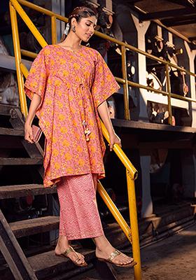 Pink Abstract Print Cotton Kurta Set