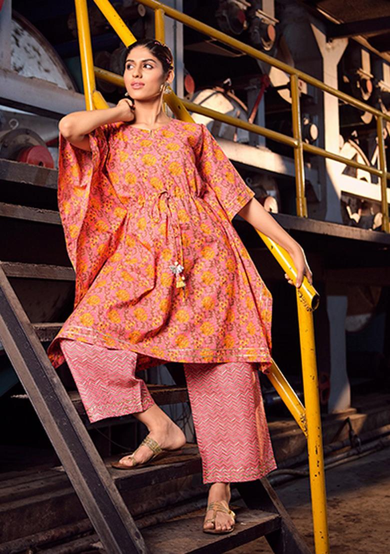 Pink Abstract Print Cotton Kurta Set