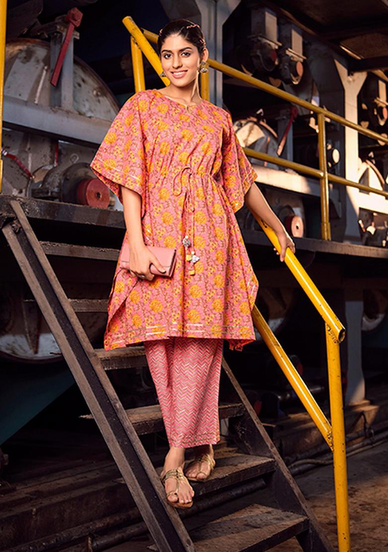 Pink Abstract Print Cotton Kurta Set