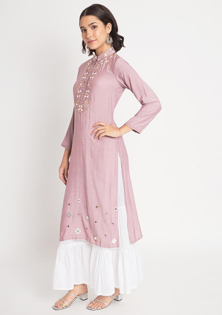 Purple Embroidered Viscose Kurta Set