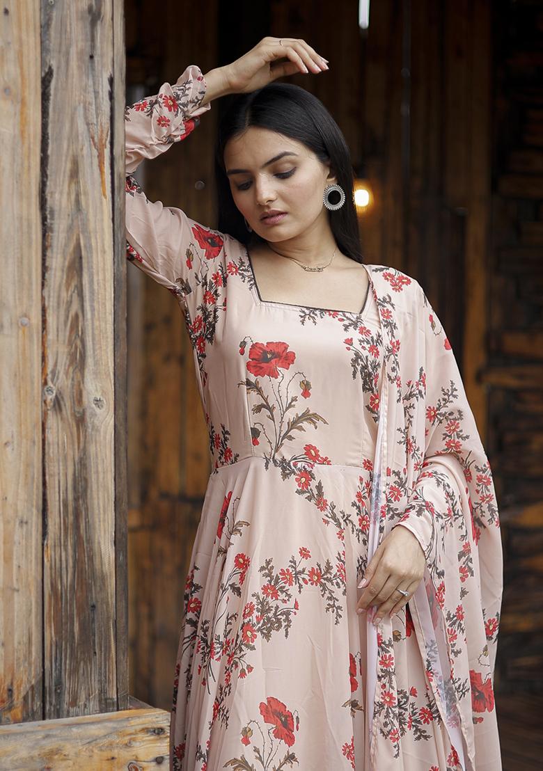 Pink Abstract Print Georgette Kurta Set