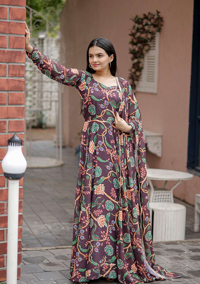 Wine Printed Georgette Anarkali Set - Indya