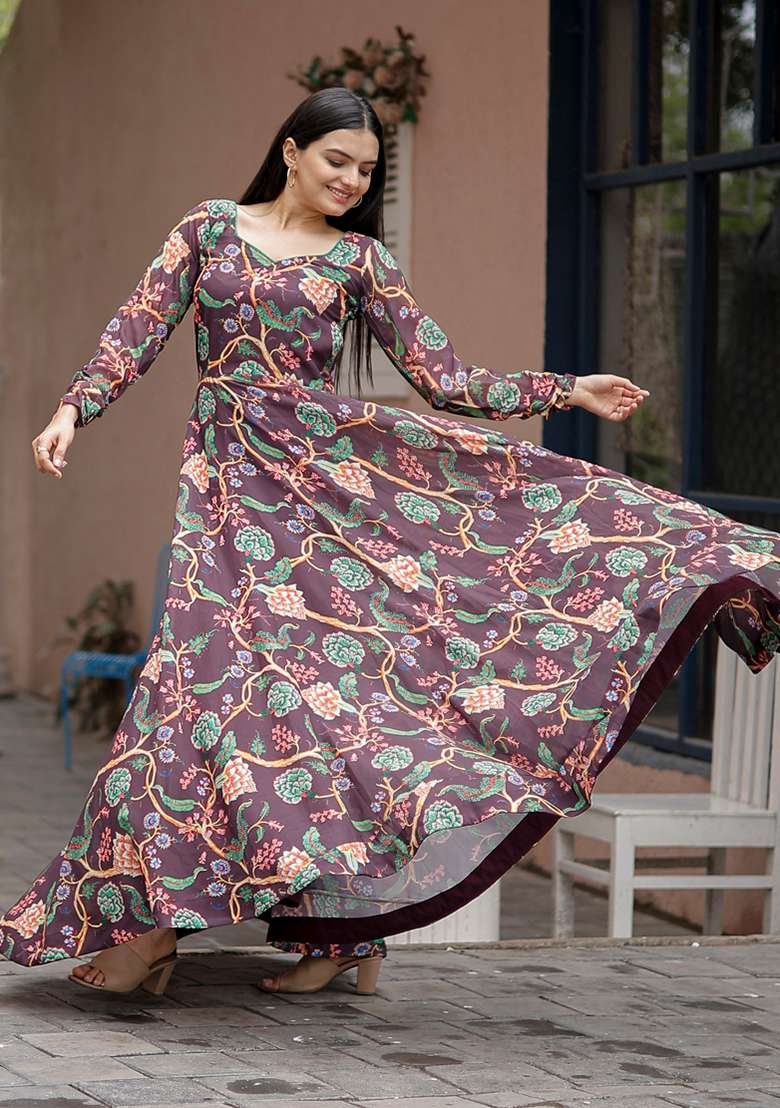 Wine Printed Georgette Anarkali Set - Indya