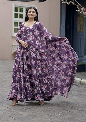 Purple Abstract Print Georgette Kurta Set