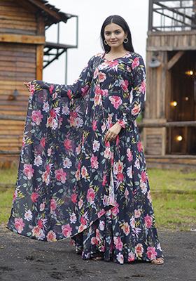 Multicolor Abstract Print Georgette Kurta Set