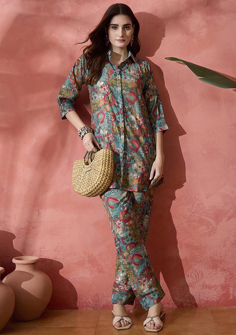 Teal Embroidered Chanderi Co-ord Set