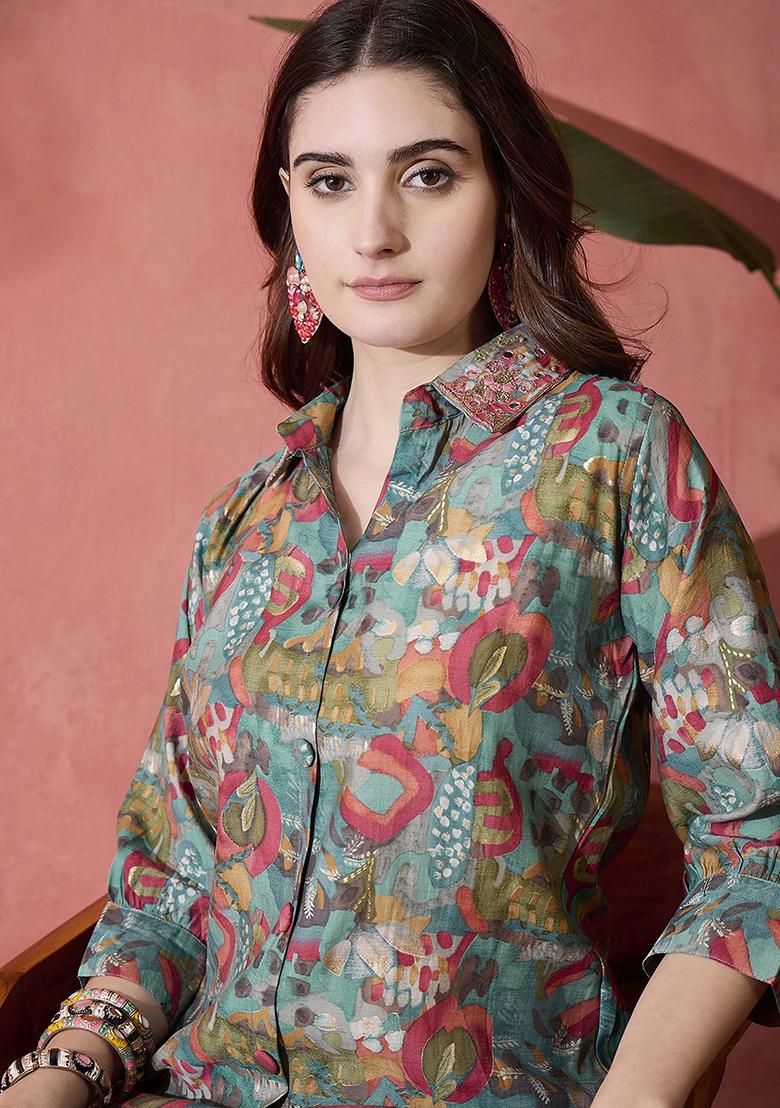 Teal Embroidered Chanderi Co-ord Set