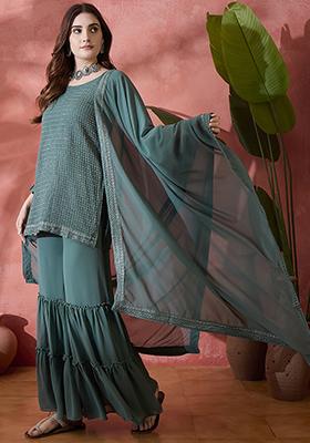 Teal Embroidered Georgette Kurta Set