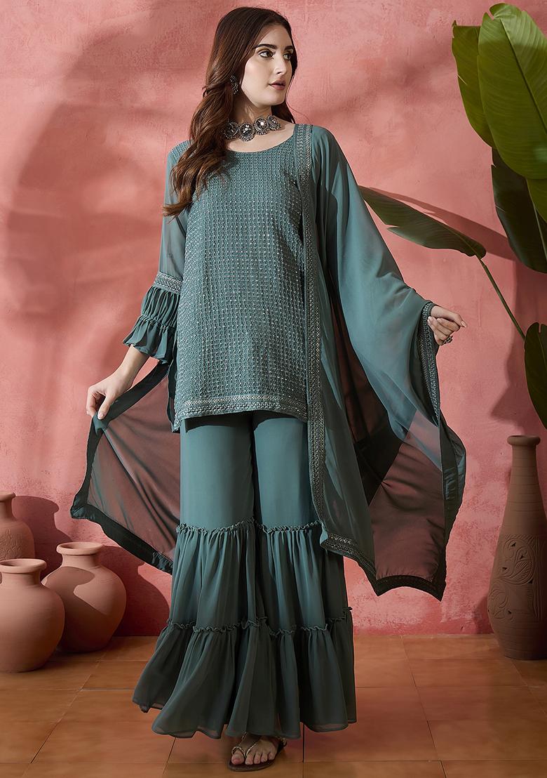 Teal Embroidered Georgette Kurta Set