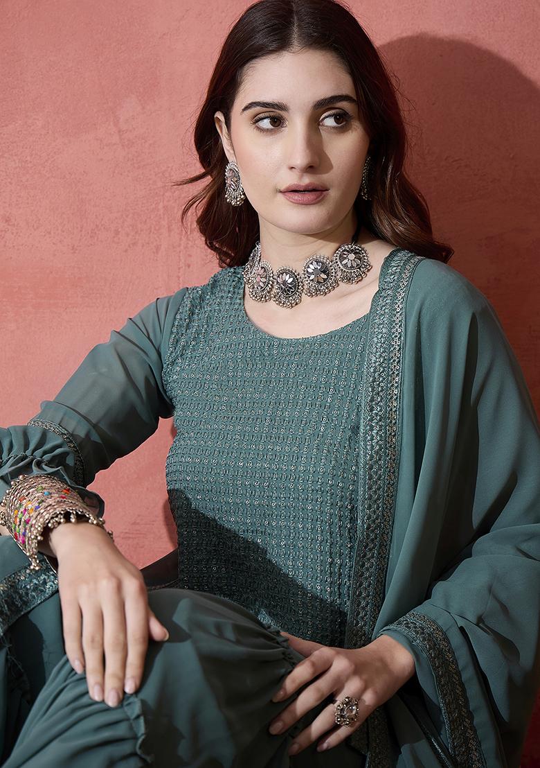 Teal Embroidered Georgette Kurta Set