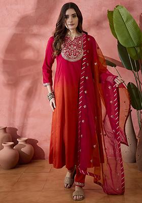 Orange Pink Embroidered Tie Dye Kurta Set