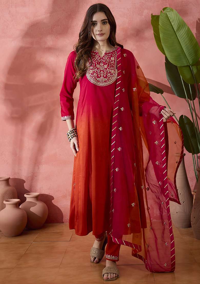 Orange Pink Embroidered Tie Dye Kurta Set - Indya