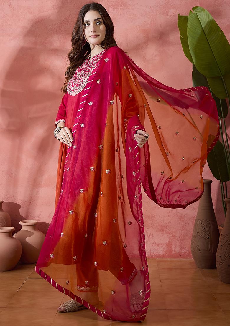 Orange Pink Embroidered Tie Dye Kurta Set