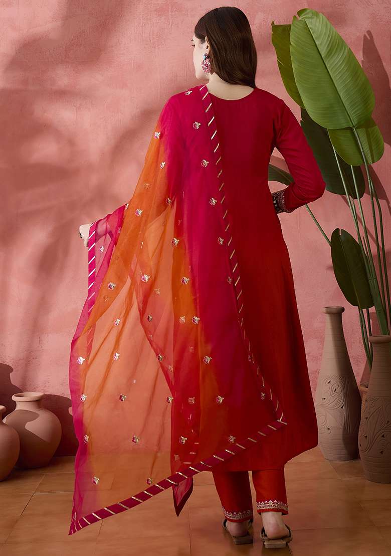 Orange Pink Embroidered Tie Dye Kurta Set - Indya