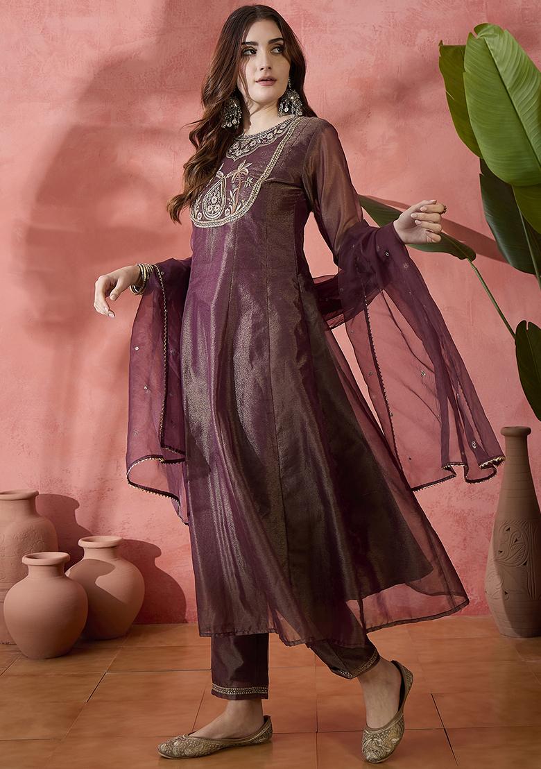 Brown Embroidered Silk Kurta Set