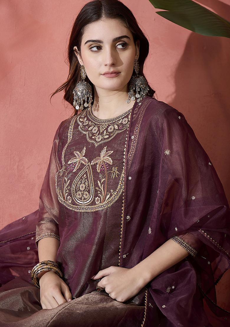 Brown Embroidered Silk Kurta Set