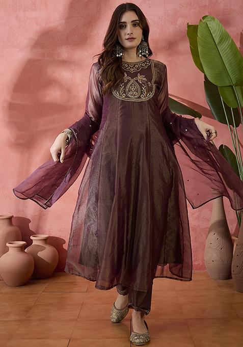 Brown Embroidered Silk Kurta Set