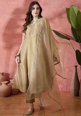 Olive Green Embroidered Organza Kurta Set