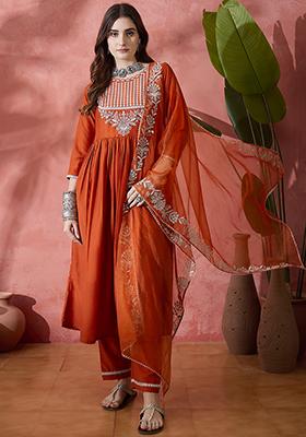 Orange Embroidered Zari Kurta Set
